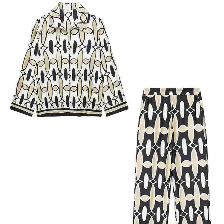 TRAF Women 2 Pieces Set Casual High Waist Pockets Elastic Waist Wide Leg Pant+Chic Printed Lapel Long Sleeve Shirt Blouse