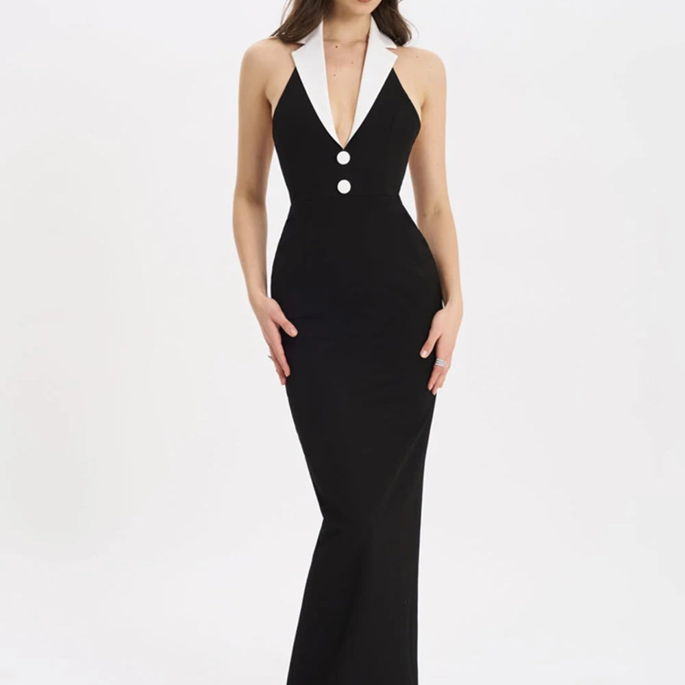 Sexy Lapel Halter Neck Bandage Long Formal Dress For Women Fashion Sleeveless Backless Shiny Robe Bnaquet Street Party Vestido