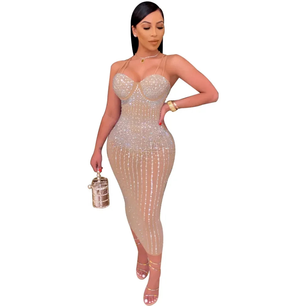 Mesh See Though Hot Rhinestones Plunging V-neck Midi Bodycon Dress Women Sexy Club Party Dresses Pencil Vestidos Apricot
