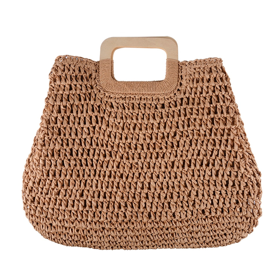 Summer Straw Handbag Wooden Handle Large Capacity Paper Rope Woven Straw Bag 2024 New Fashion Summer Vacation Travel Beach Bag 2