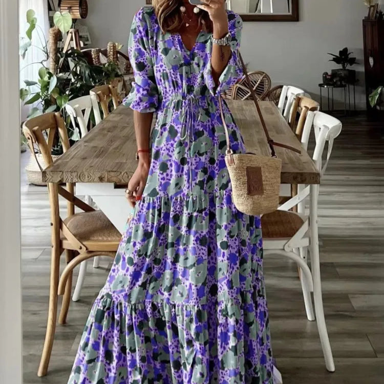 Spring Autumn Flower Print Long Dresses For Women Casual Holiday A-line Beach Dress Fashion Elegant Bohemian Style Maxi Vestidos