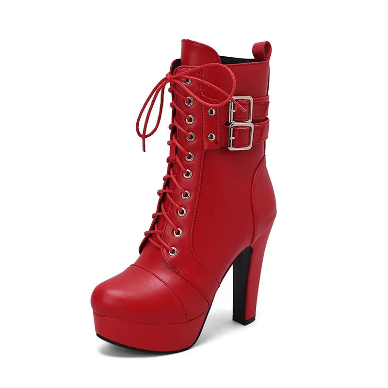SIMLOVEYO Fashion Women Boots Round Toe Chunky High Heels 12cm Platform 2.5cm Lace Up Belt Buckles Size 47 48 49 50 red