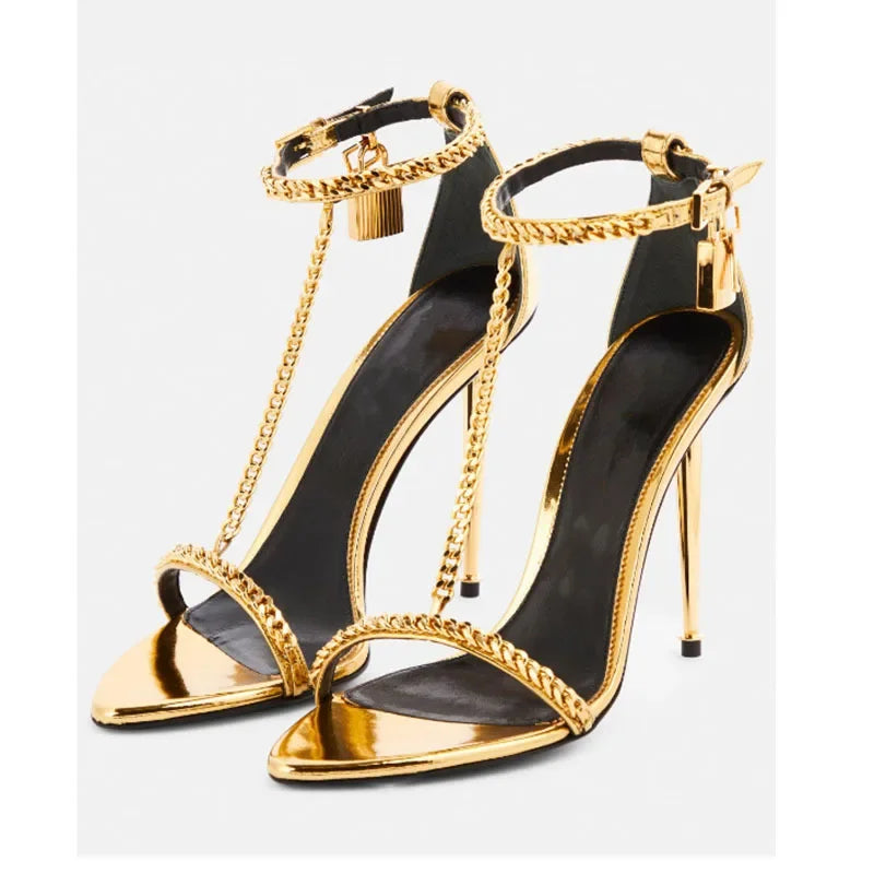 Metal Decor Heeld Sandals Pointed Toe Gold Heels Chain Ankle Buckle Strap Women luxury Designer Shoes Summer Handmade Tacones Gold