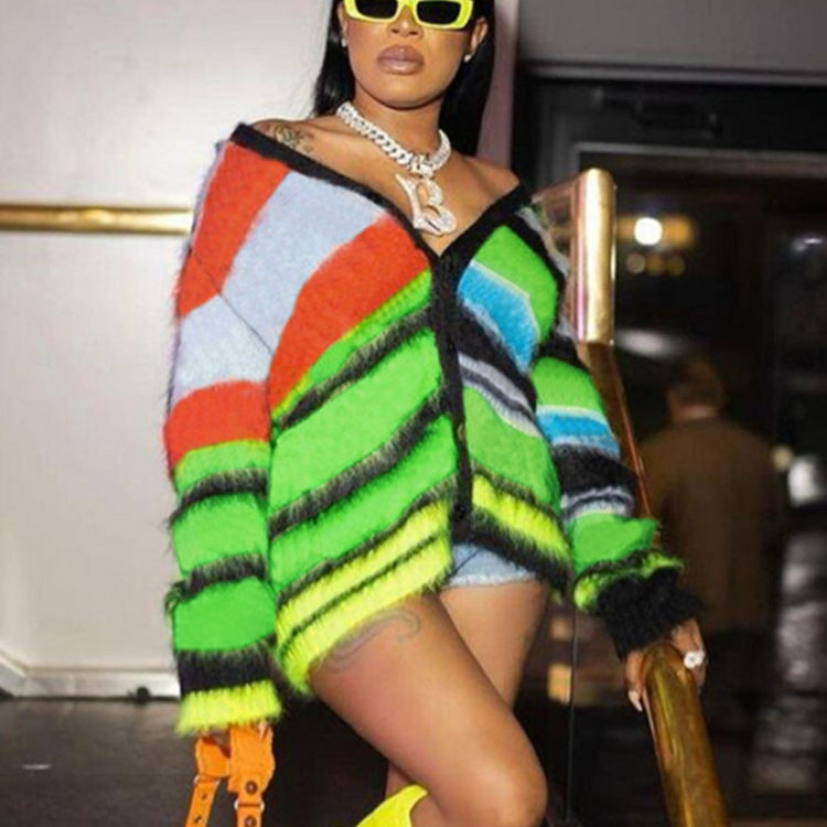 Weird Puss 2022 Cardigan Sweater Y2K Women Button Contrast Color Patchwork V-Neck Lantern Sleeve Top Street Hipster Loose Coat Green One Size