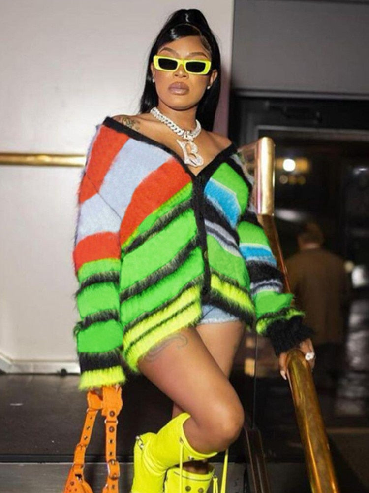 Weird Puss 2022 Cardigan Sweater Y2K Women Button Contrast Color Patchwork V-Neck Lantern Sleeve Top Street Hipster Loose Coat Green One Size