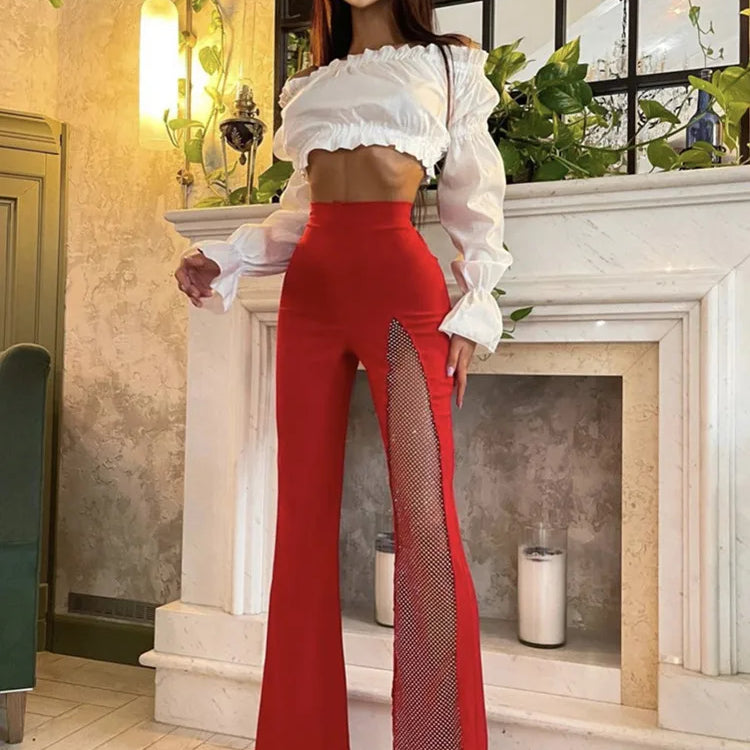 Black Red White New Summer Women Rayon Bandage Sexy Wide Leg Pants Fashion Diamond Keyholes Celebrity Wear Full Length Pant