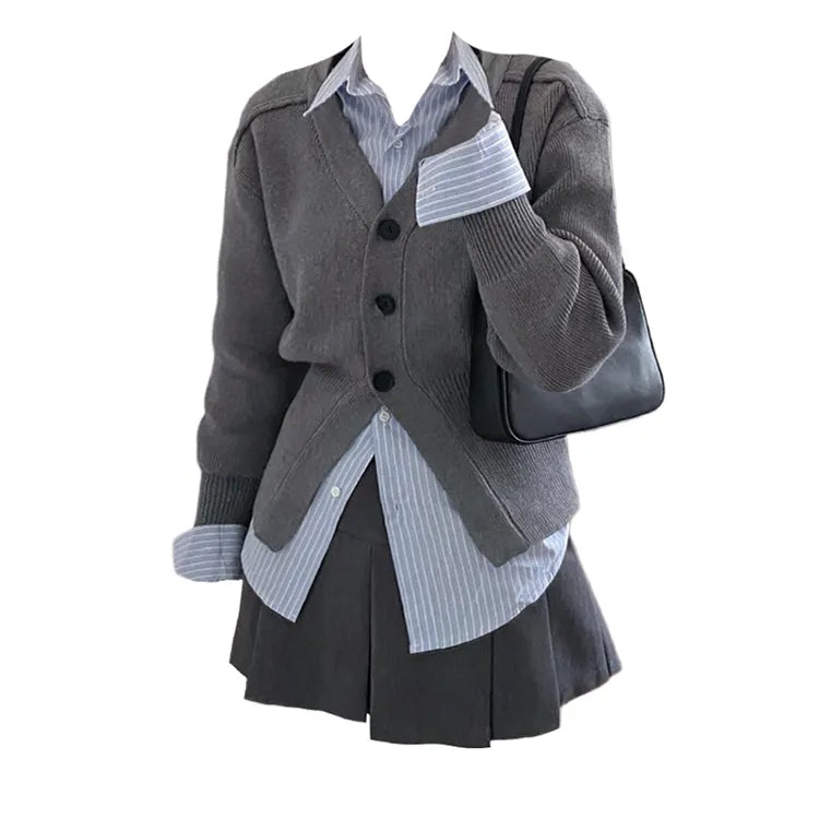 Preppy Style Sweet Wind Suit 3 Piece Set Female Student Korean Striped Blouses + Knitwear Cardigan + Korea A-Line Skirt Coquette Picture Color