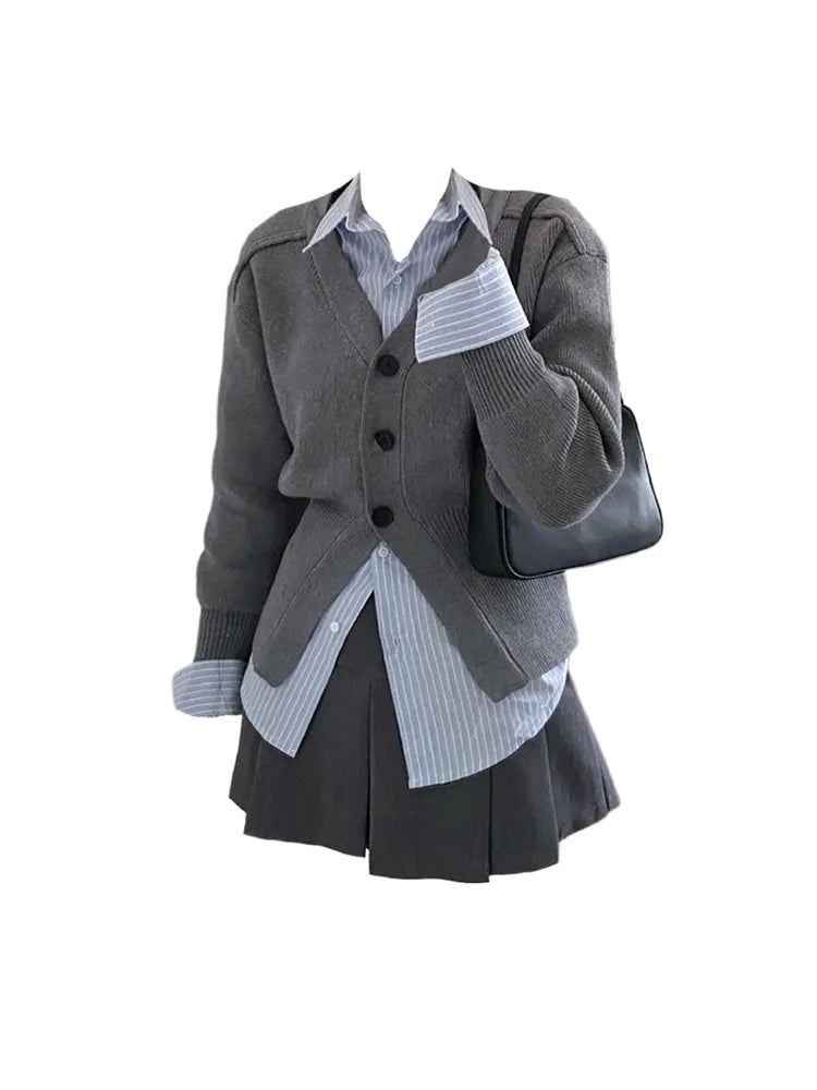 Preppy Style Sweet Wind Suit 3 Piece Set Female Student Korean Striped Blouses + Knitwear Cardigan + Korea A-Line Skirt Coquette Picture Color