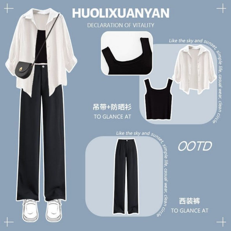 Women's Summer Suit 2024 New Casual Sunscreen Shirt Top+Strap+Casual Pants 3 Piece Korean Elegant Blouse Trousers Matching Set Set 02