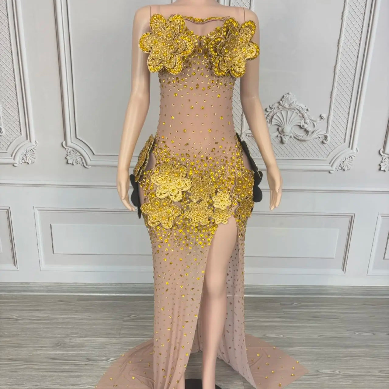 3D Flower See Through Mesh Evening Dress Sexy Women High end Couture Sparkly Rhinestone Party Long Dress Event Outfit Tiehua Gold