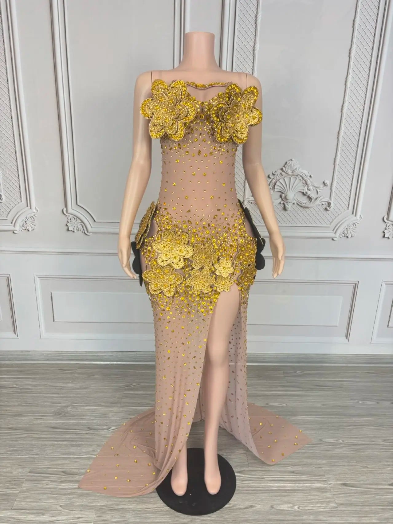 3D Flower See Through Mesh Evening Dress Sexy Women High end Couture Sparkly Rhinestone Party Long Dress Event Outfit Tiehua Gold