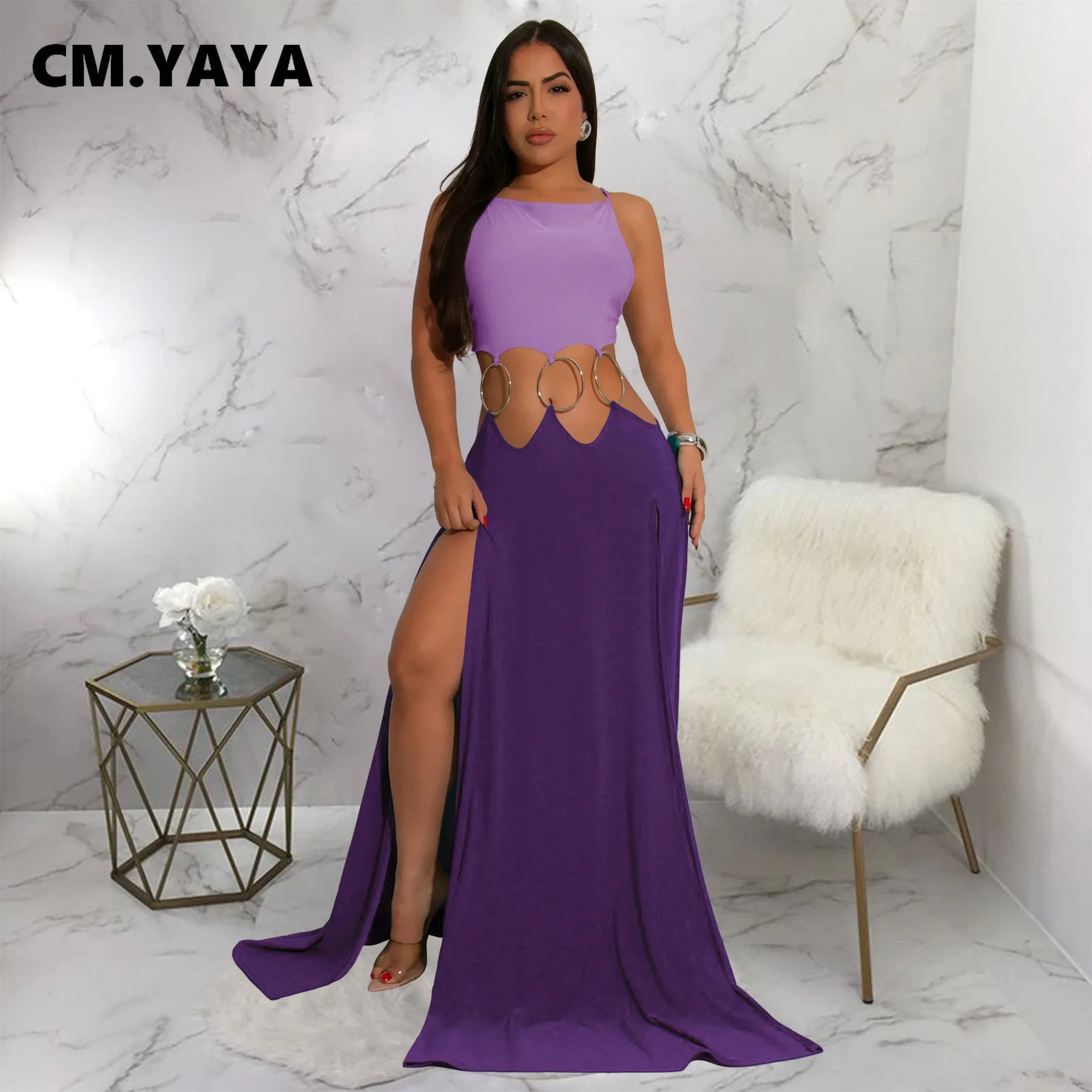 CM.YAYA Women Strap Backless Big Swing Split Maxi Long Dress 2025 Hollow Out Birthday Sexy Club Party Evening Dresses Vestidos