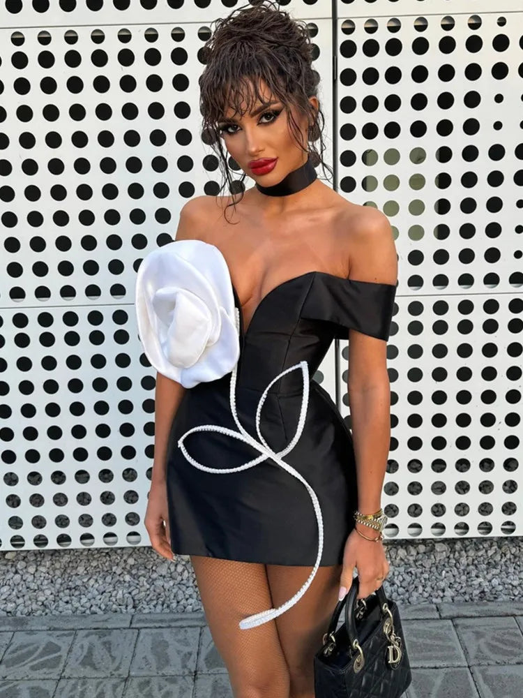Women Celebrity Sexy Off Shoulder White Flower Black Mini Bodycon Bandage Dress Elegant Evening Club Party Dress black