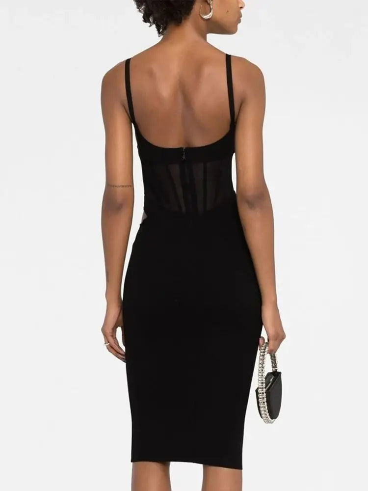 Ailigou New Summer Women's Sexy Sleeveless Tight Fit Midi Bandage Dress with Hollow Lace Elegant Celebrity Party Club Dress