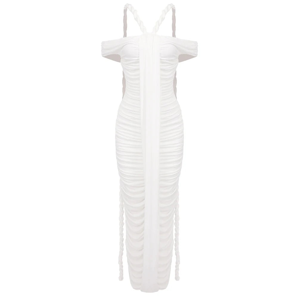 Braid Ribbon Ruched Bodycon Maxi Dress Women Off Shoulder Short Sleeves Slim Solid Evening Party Long Robe Gowns WHITE