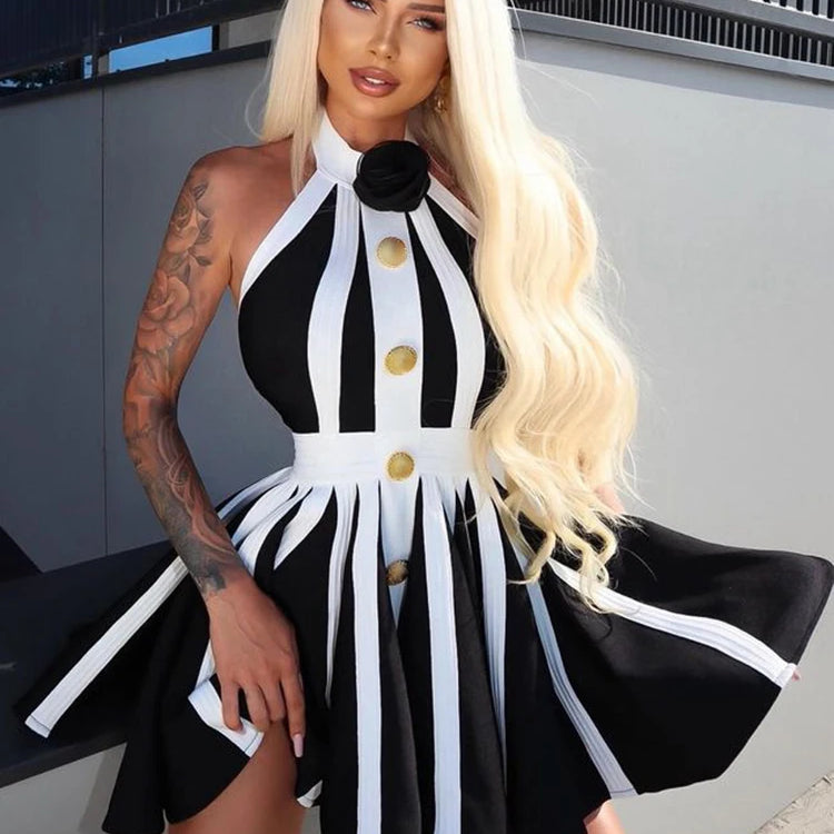 2024 New Summer Women's Black and White Stripe Button 3D Rose Halter Backless Pleated Sexy Sleeveless Knitted Mini Dress