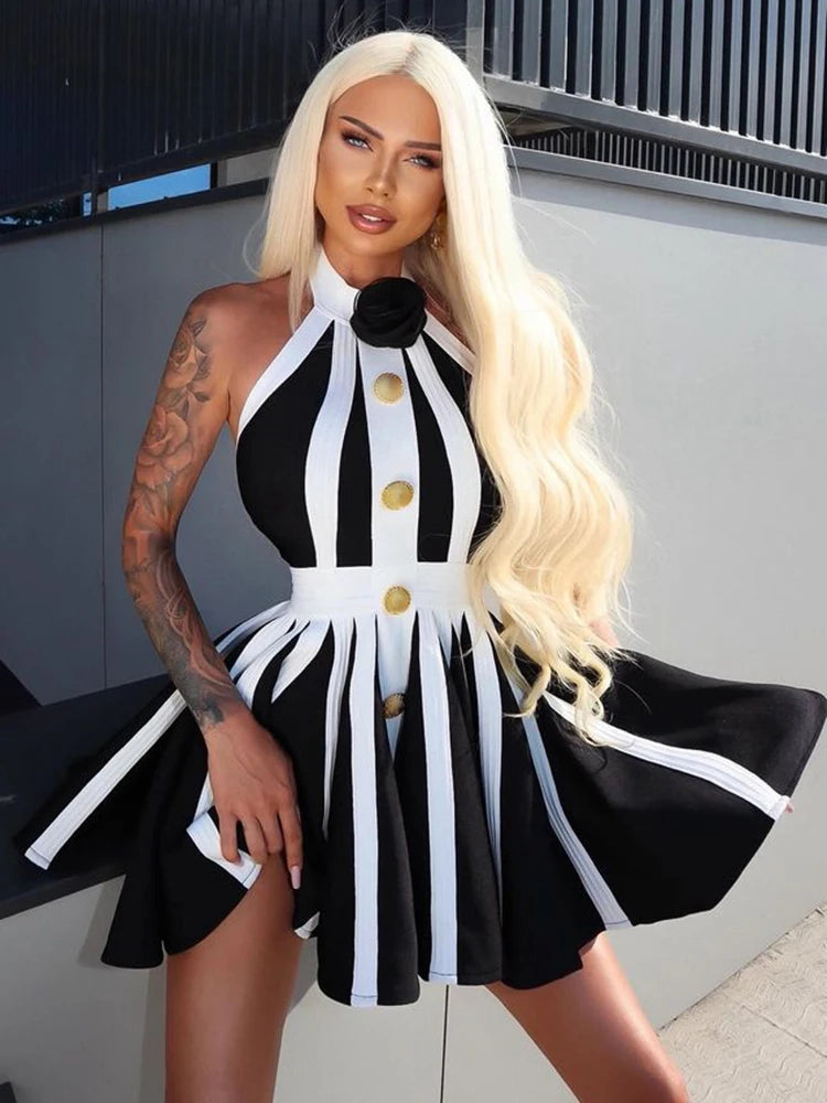 2024 New Summer Women's Black and White Stripe Button 3D Rose Halter Backless Pleated Sexy Sleeveless Knitted Mini Dress