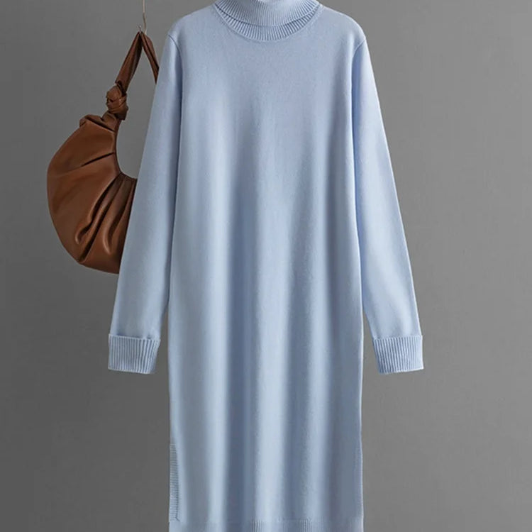 Streamgirl Autumn Turtleneck Slit Dresses For Women Winter Solid Casual Straight Basic Knitted Sweaters Dress Women Elegant
