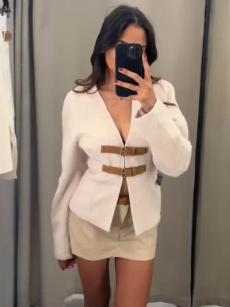 Vintage Leather Buckle Woolen Coat For Women Fashion V Neck Long Sleeve Cropped Jacket Spring Female High Street Outerwear
