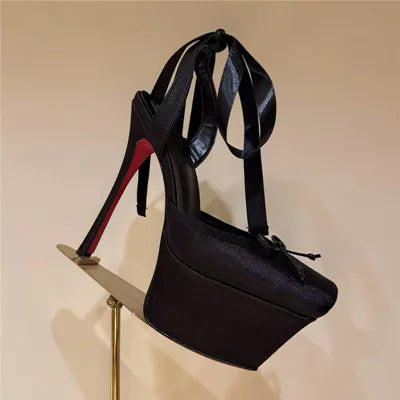 Women Lace-Up High Heeled Shoes for Woman's Square Toe Thin Heels Platform Pumps Mujer Pleated Slingback Wedding Luxury Sandals black