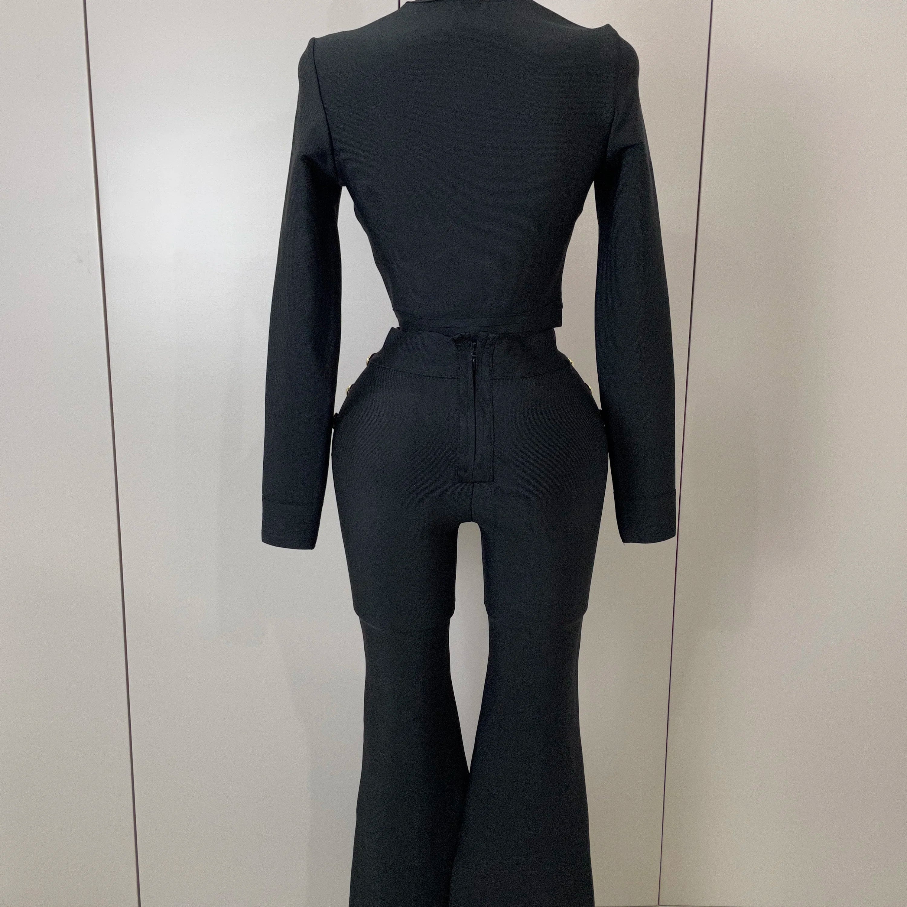 2025 New Golden Buttons Short Coat Top And Flare Pants Bandage 2 Pieces Set Woman Celebrity Evening Party Vestidos