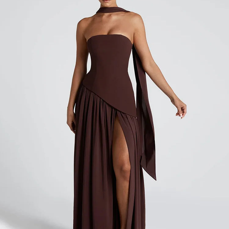 Mozision Strapless Off-shoulder Sexy Maxi Dress For Women Gown Patchwork Scarf Collar Thigh High Split Club Party Long Dress