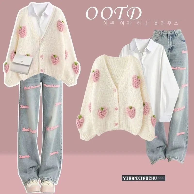 Women's 2024 Autumn Winter New Denim Pants Matching Set Korean Elegant Knitted Sweater Cardigan+Shirt+Letter Jeans 3 Piece Suit Set 01
