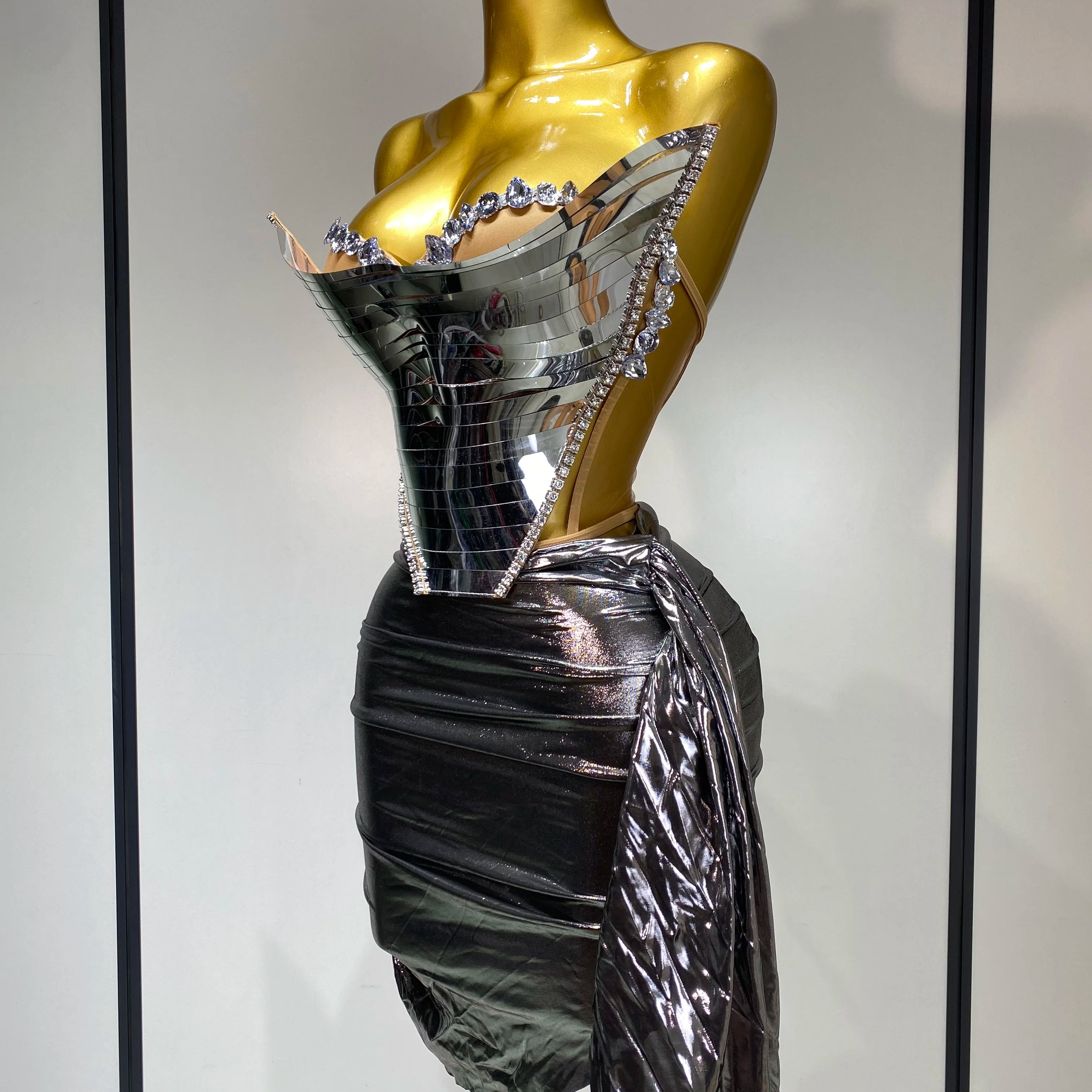 Sparkly Sliver Sequin Sexy Top Two Pieces Set Women Celebrate Party Luxury Birthday NightClub Performance Dancer Stage Outfit