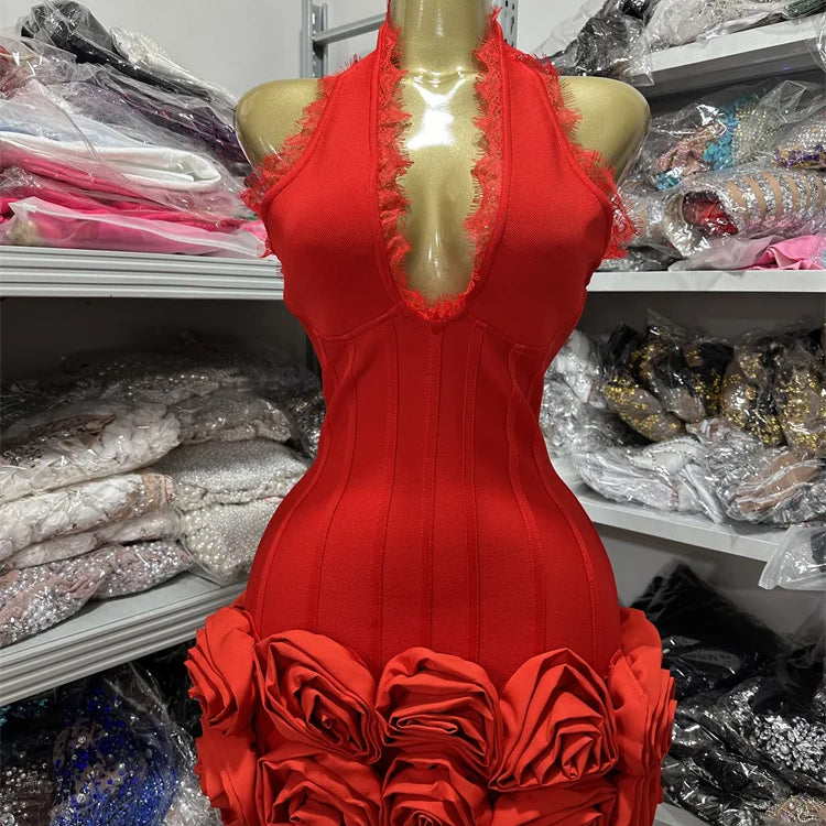 Women Sleeveless Sexy Halter Florlas Bodycon Mini Bandage Dress Celebrate Fashion Nightclub Party Birthday Outfit
