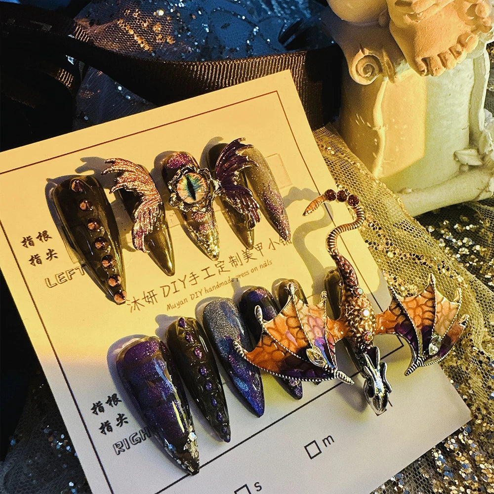 Handmade Press on Nails Heavy Industry Pure Hand-painted Purple Emperor Dragon Exaggerated Super Cool Spicy girl European Americ