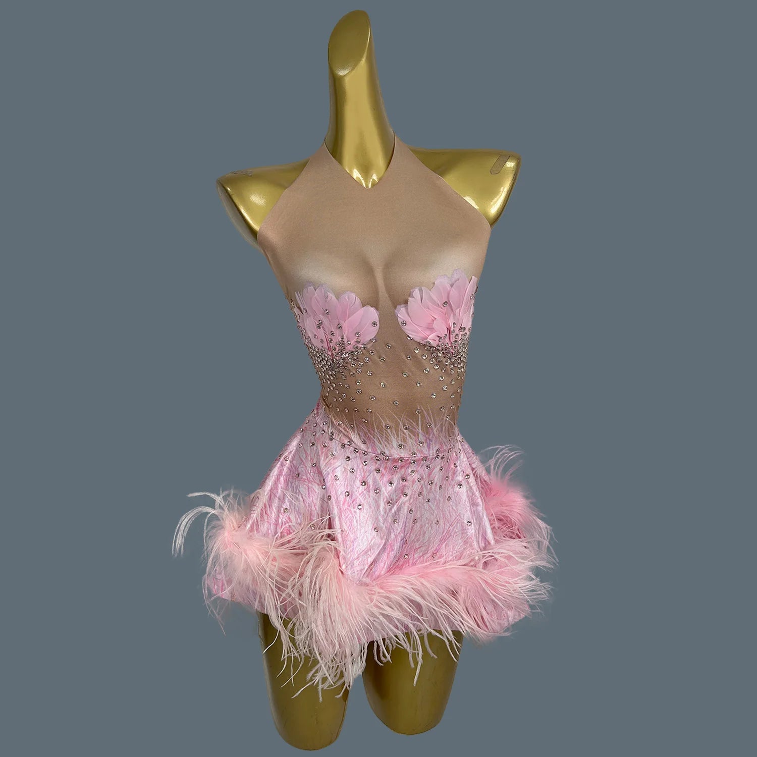 Sparkly Showgirl Stage Performance Sexy Ultra Short Dress Sexy Women Night Party Mini Dress Spandex Feather Dresses Huolieniao Pink One Size
