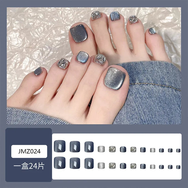 24pcs Blue Cat Eye False Toenails shiny Rhinestone Decor Fake Toenails Wearable Reusable Fashion Korean Press on Toenails 1