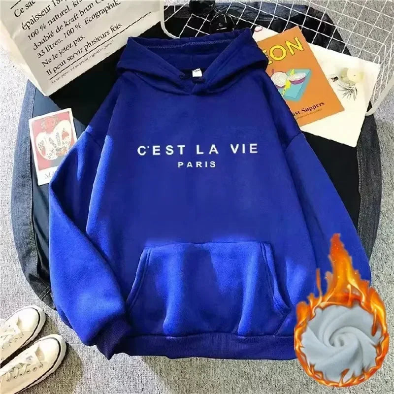 Autumn Winter Women Fleece Hoodies Thick Warm Female Long Sleeve Hooded Sweatshirts Casual Print Lady Loose Pullover Tops