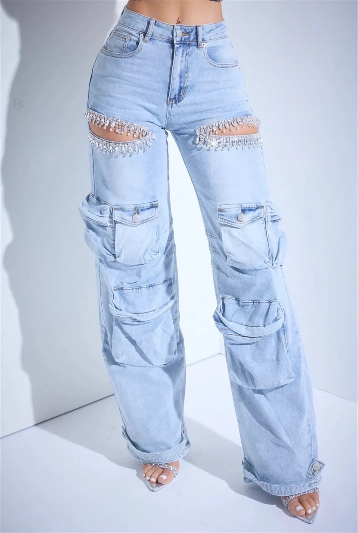 Women Cutout Diamonds Crystal Hollow Out Straight Denim Pants 2024 Fall Multi Pocket High Waist Wide Leg Jeans Trousers