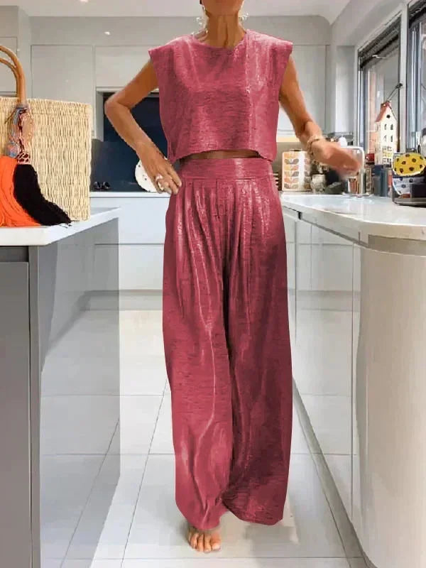 Plus Size Women's 0XL-5XL Summer Casual Sleeveless Fashion Comfortable Women's Glossy Tank Top Wide Leg Pants Two Piece Set Red