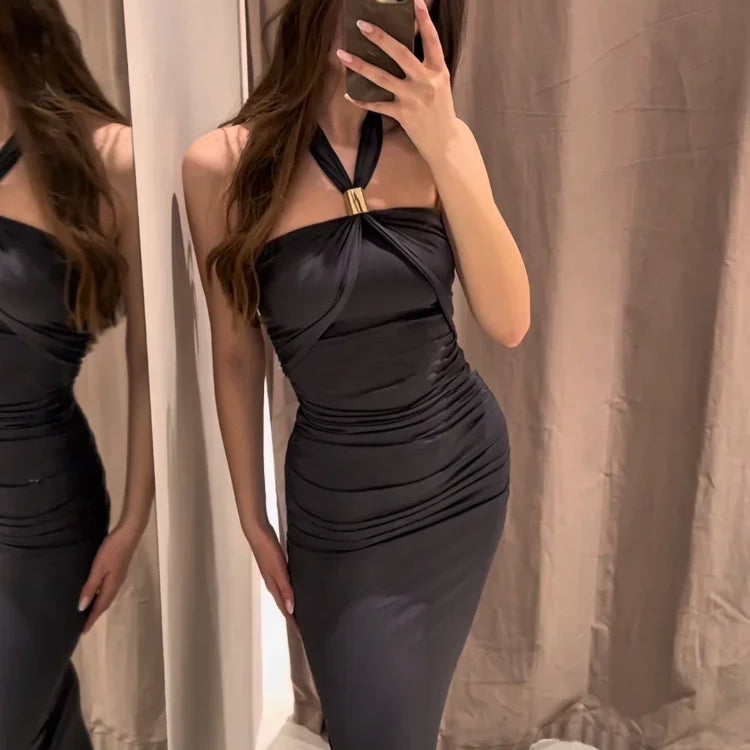 Elegant Sleeveless Backless Solid Color Midi Vestidos Woman Fashion Metal Ring Pleat Long Dresses New Summer Slim Fit Lady Robes