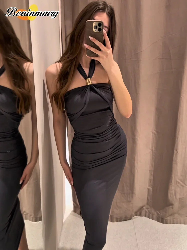 Elegant Sleeveless Backless Solid Color Midi Vestidos Woman Fashion Metal Ring Pleat Long Dresses New Summer Slim Fit Lady Robes