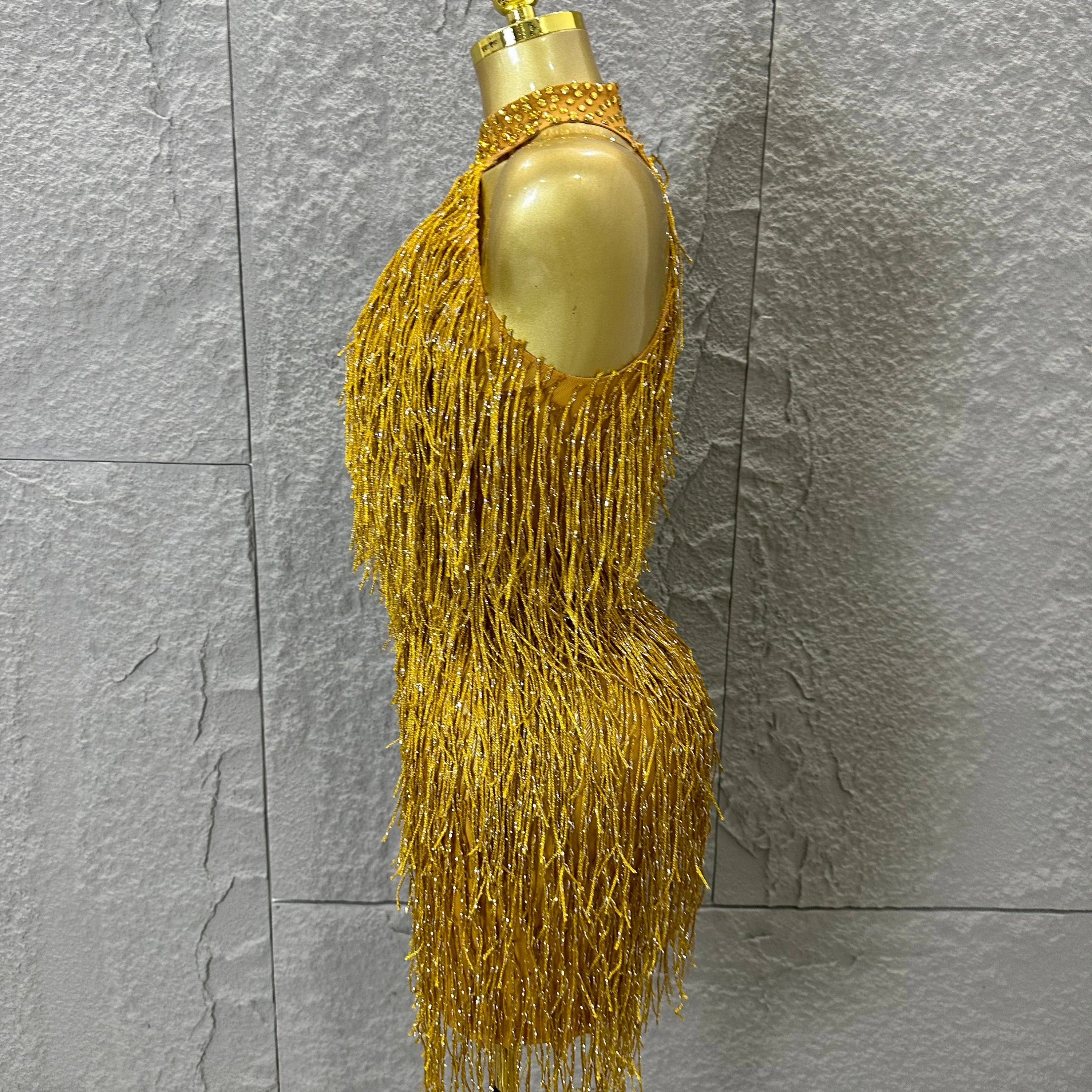 Luxury Gold Halter Neck Mini Dress Women Sexy Crystal Embellished Fringe Trim Form-Fitting Outfit Formal Event Party Costume