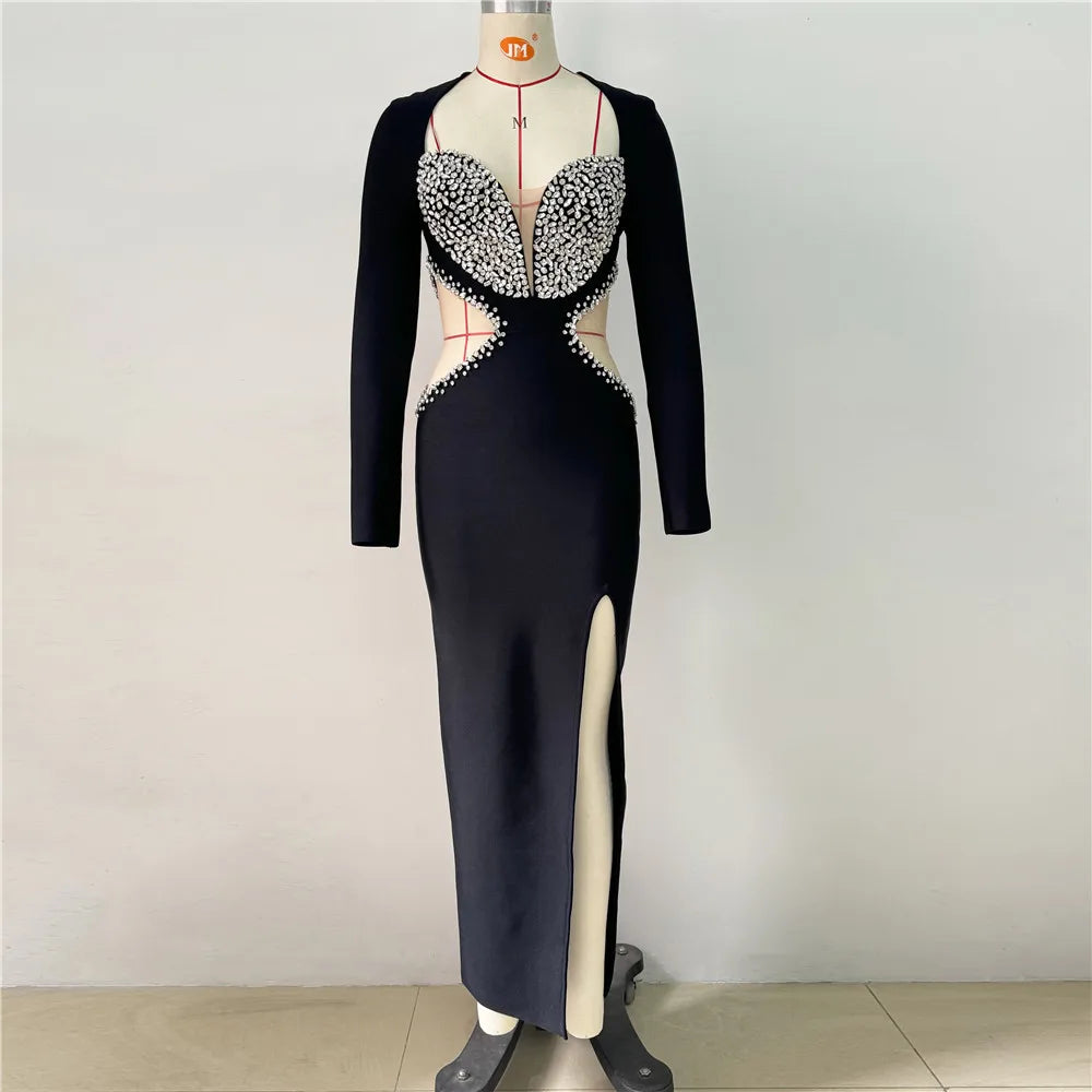 Elegant Evening Party Dress Black Color Women Long Sleeve Shinning Rhinestones Bodycon Long Bandage Dress Cocktail Party Outfit