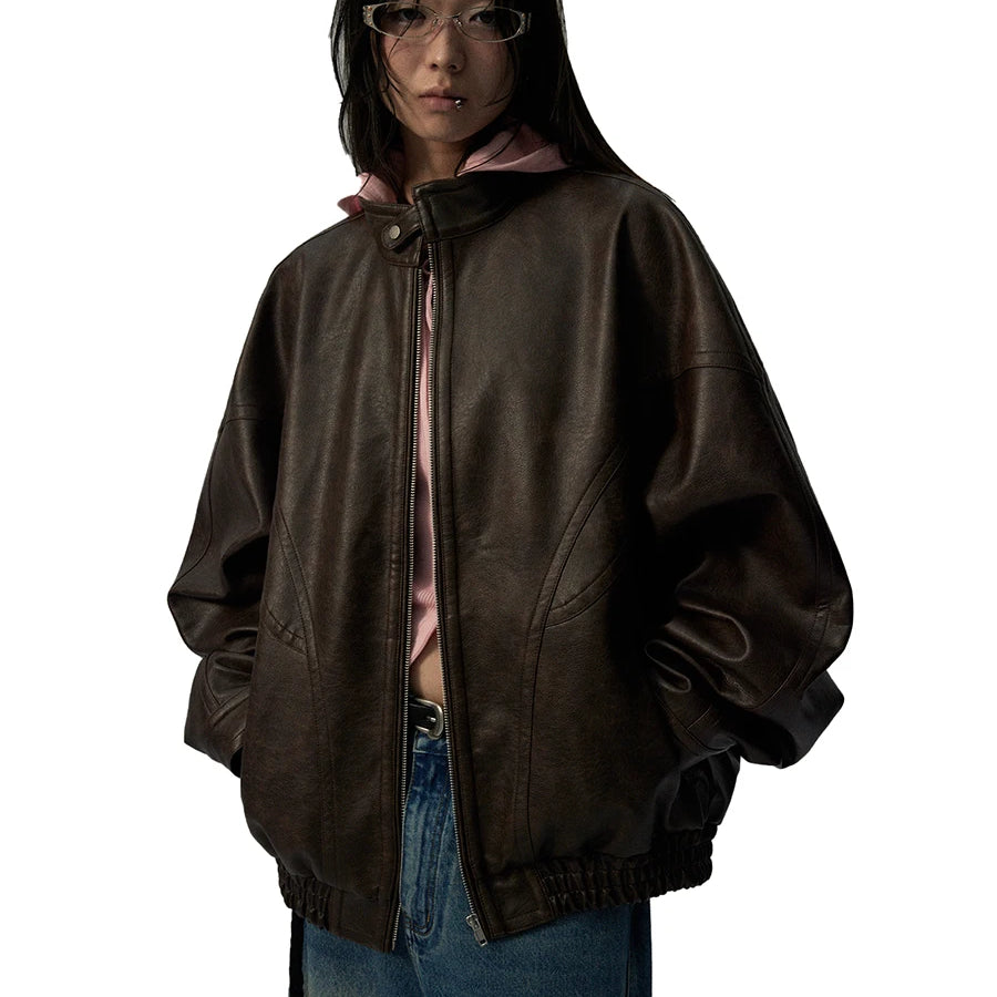 Lautaro Autumn Cool Handsome Distressed Brown Oversized Pu Leather Jacket Women Zippper Stand Collar American Retro Clothing