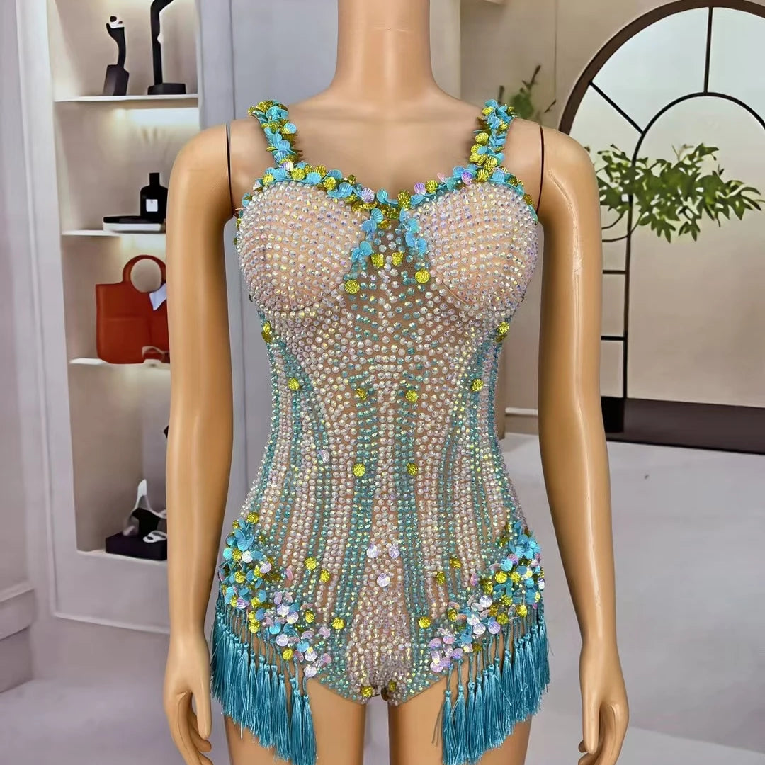 Sparkly Rhinestone Shell Tassel Bodysuit Club Dance Performance Leotard Women Nightclub Party Singer Stage Sexy Bodysuit Nanning