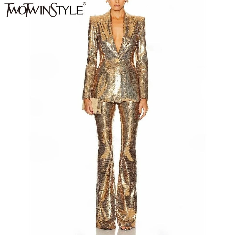 Solid Slimming Two Piece Sets for Women Lapel Long Sleeves Spliced Pockets Coat Patchwork Sequins Pant Female New