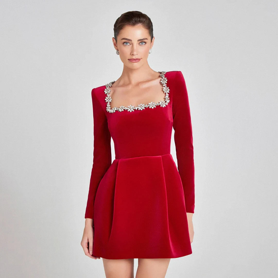 Black Red Color Women Long Sleeve Sexy Square Collar A-Line Mini Bandage Dress Fashion Celebrate Birthday Party Dress Vestido