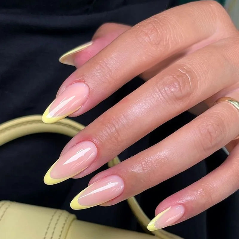 24Pcs Mid-length Almond Fake Nail with White Gradient Design Press on False Nails Round Head Wearable Full Cover Nails Tips Art XM-98-66