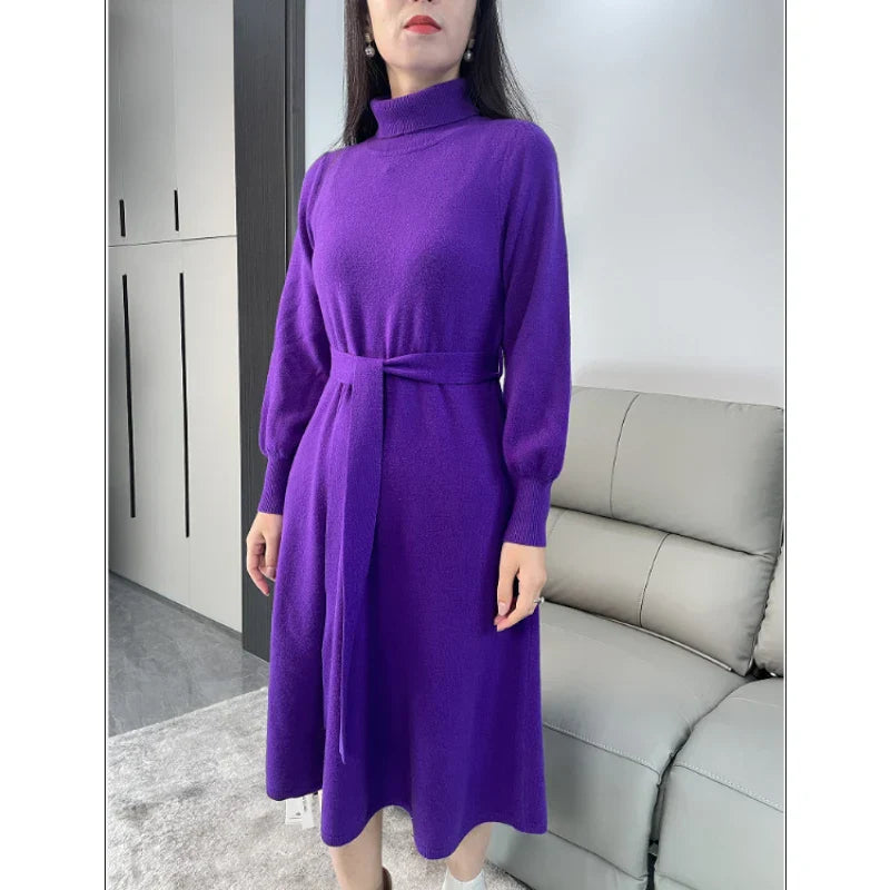 Dress Women's Autumn and Winter Knitted Thickened High Neck Long Sleeve Solid Color with Coat Medium Long Warm Fashion Elegant Electric Purple
