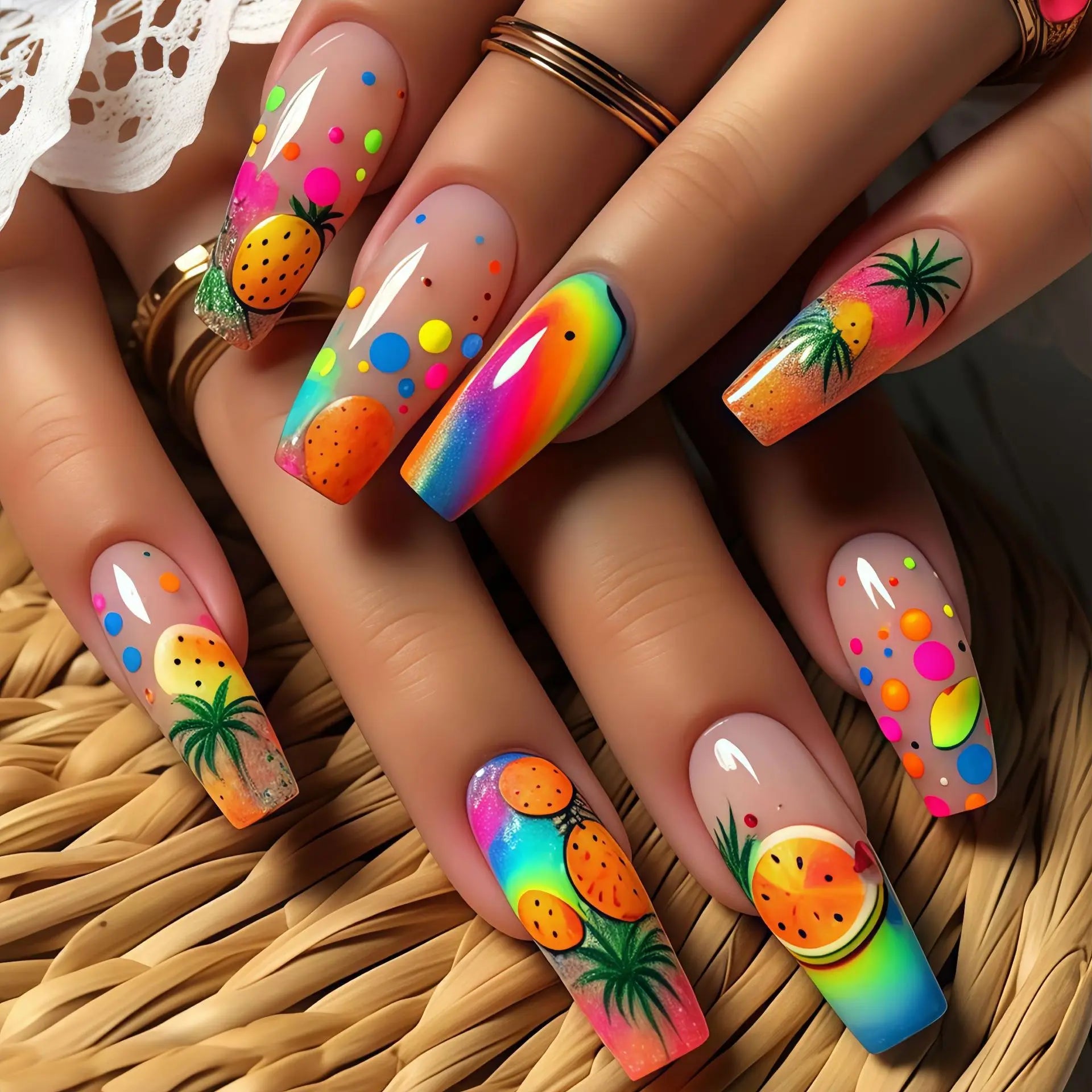 24Pcs Green Colorful Press on Fake Nails with Watermelon Lemon Pattern Manicure Set Plant Flowers Design Long Ballet False Nails 6