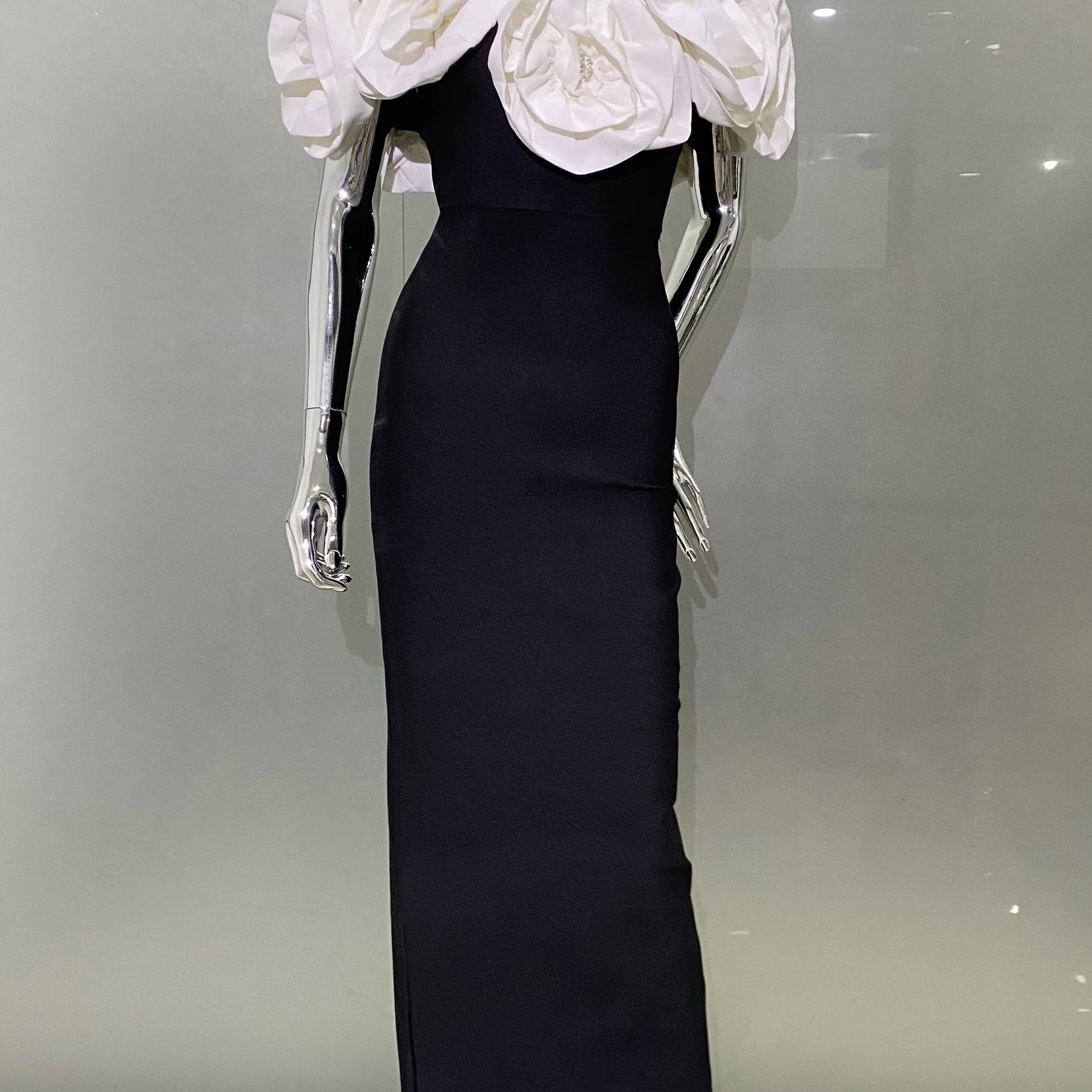 Fashion Big White Flowers Women Sexy Off the Shoulder Bodycon Long Bandage Dress Celebrate Evening Party Birthday Dress