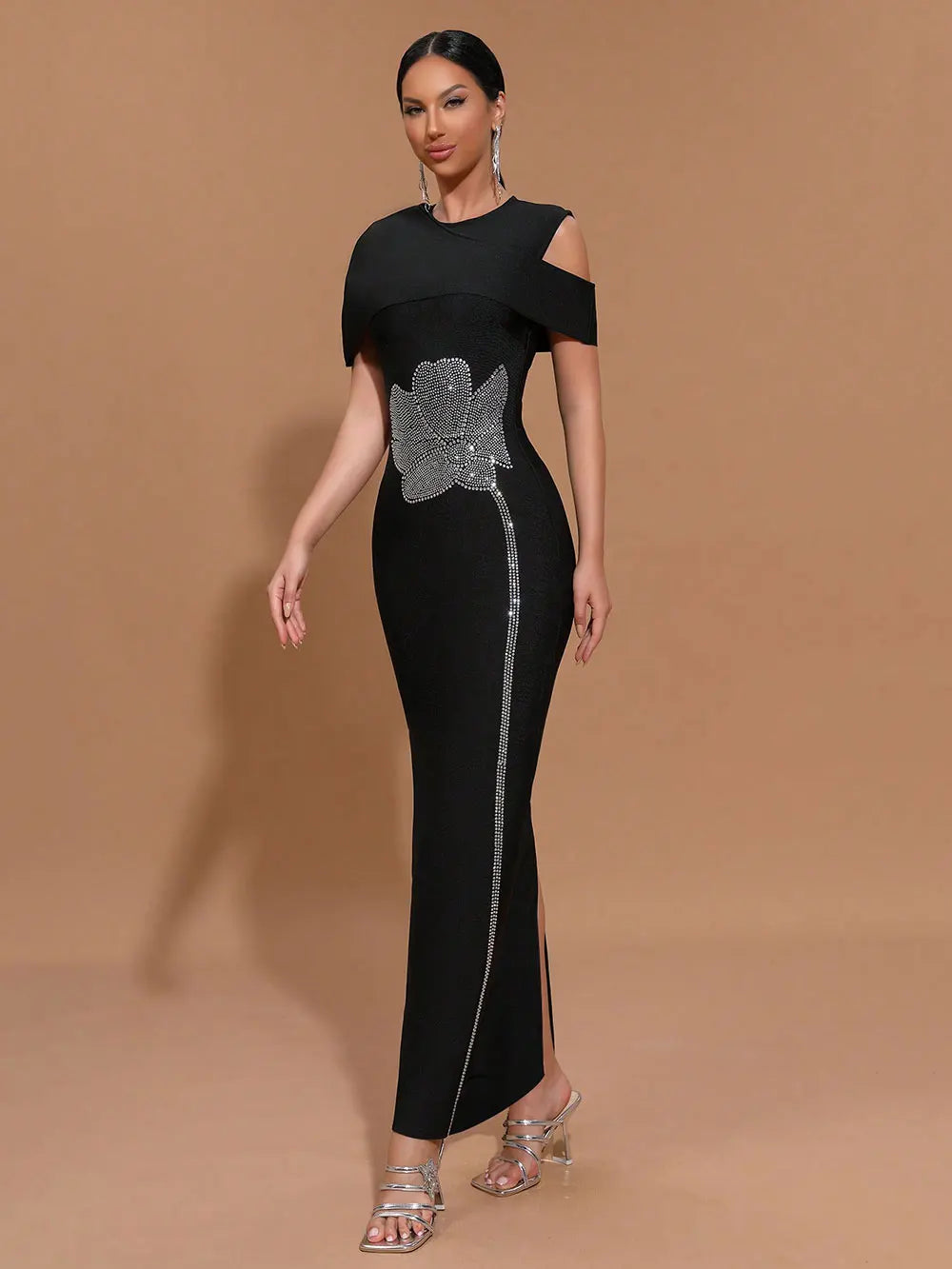 2025 Elegant Women Light Luxury Hot Diamond Flower Design Bandage Dress O-Neck Shoulder Bodycon Long Dress Evening Party Vestido