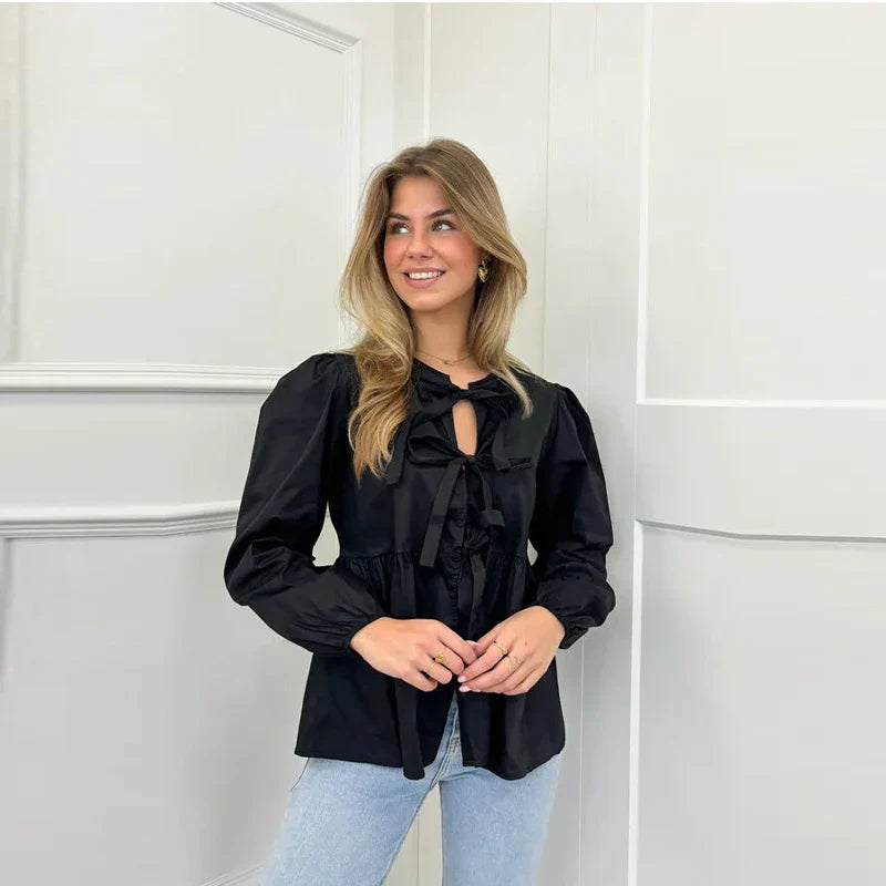 Fashion Leopard Printed Lace Up Shirts for Women Spring Summer Elegant Blous Female Casual Loose Y2K Chic Long Sleeve Tops Black