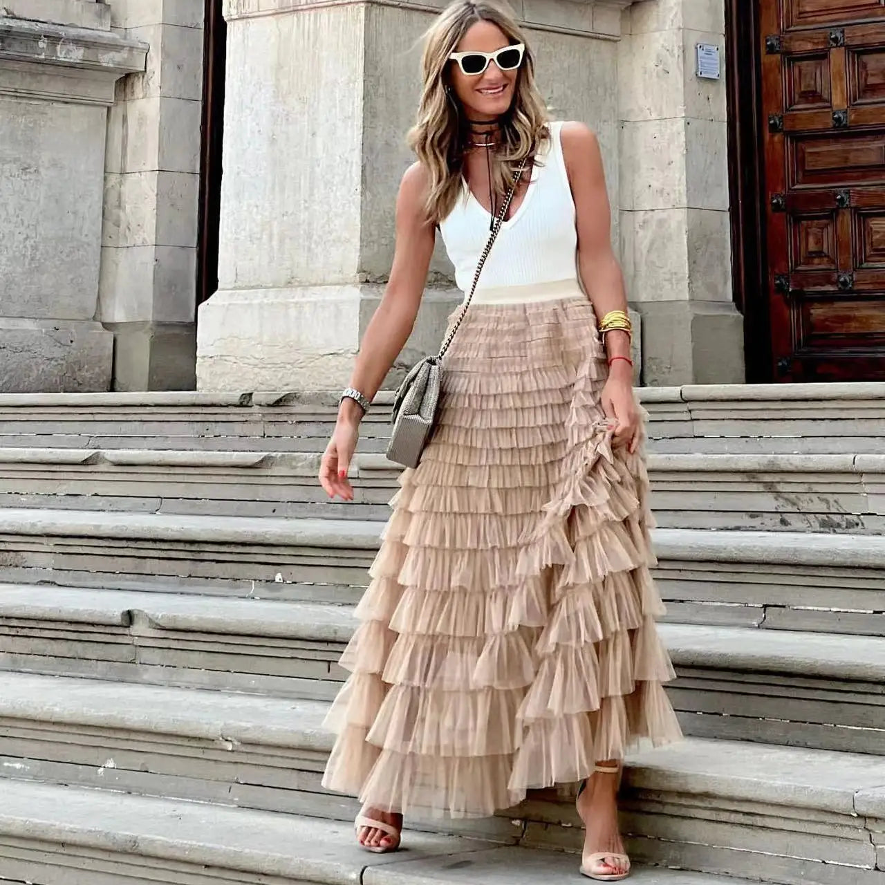 New Casual Womens Solid Ball Gown Long Skirt Tulle High Waist Pleated Elegant Ladies Wild Mesh Dating Maxi Skirts Drop Khaki LYQ258